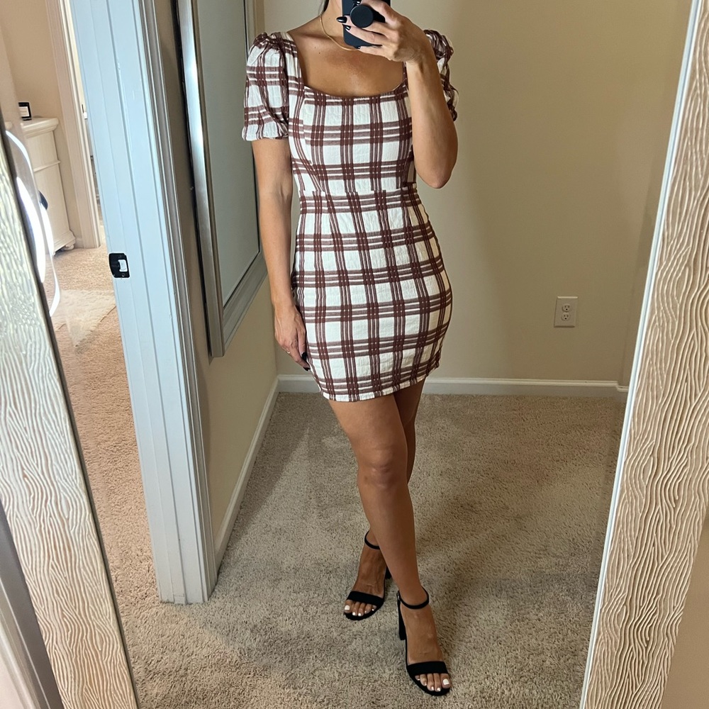Plaid Sage The Label Square-Neck Mini Dress in Brown and White